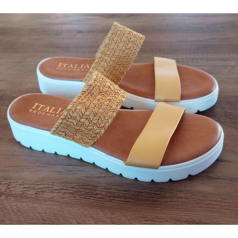 Italian Shoemakers Double Leather/Woven Strap Sandals Size:7.5M Yellow NWOB